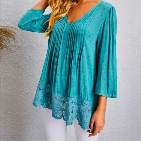 NWT! SWISS DOT LACE TRIM SOLID BLOUSE IN CADET BLUE! - Picture 7 of 12